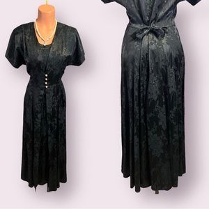 Vintage 80s 90s Dana Scott Black Floral Button Down Tie Back Waist Party Dress